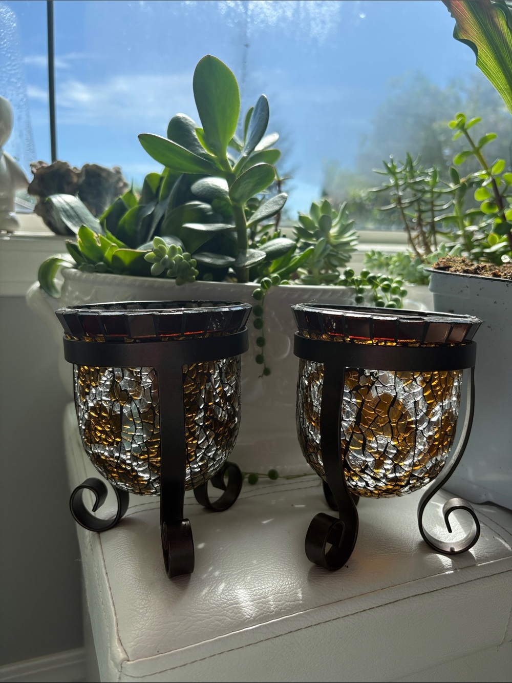 Vintage PartyLite Amaretto Swirl Brown Mosaic Tile Glass Hurricane Candle Holder